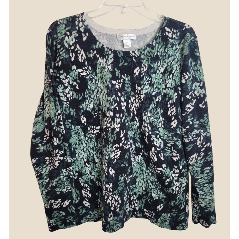 Christopher & Banks Sweater Abstract Print Crewneck Knit Pullover Green Blue XL